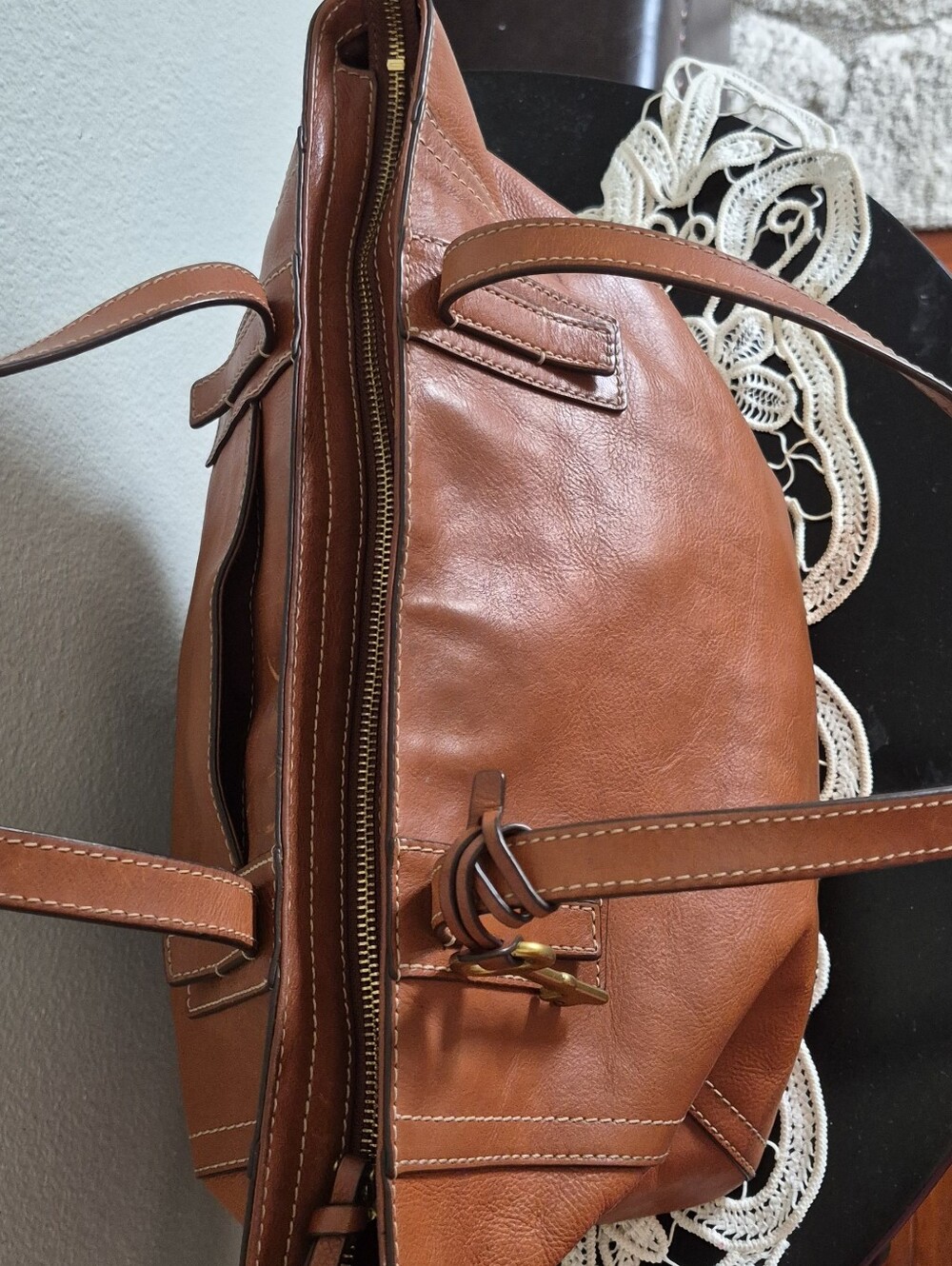 Fossil Emma Tote Leather Zip Top Tote Shoulder Bag Double Handle Purse Cognac - Picture 5 of 13